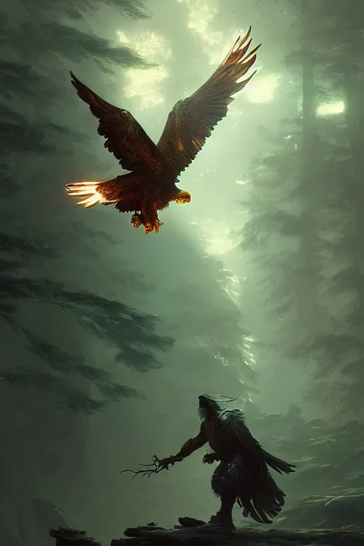 Image similar to cyborg eagle flying on a glowing forest, extremely detailed digital painting, in the style of fenghua zhong and ruan jia and jeremy lipking and peter mohrbacher, mystical colors, rim light, beautiful lighting, 8 k, stunning scene, raytracing, octane, trending on artstation