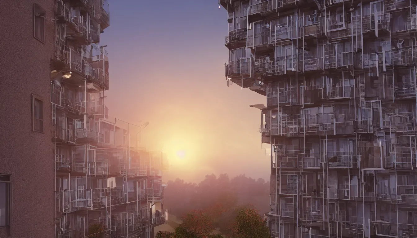 Image similar to Spying into the windows of a small tower block from outside , windows full of the private lives of the human inhabitants, volumetric lighting shines through the misty sunset sky , full color , 4K