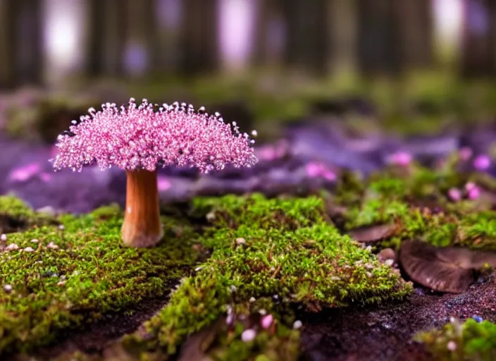 Image similar to a fantasy forest on an alien planet with delicate flowers and mushrooms that glow in the dusk, macro close up, bokeh,