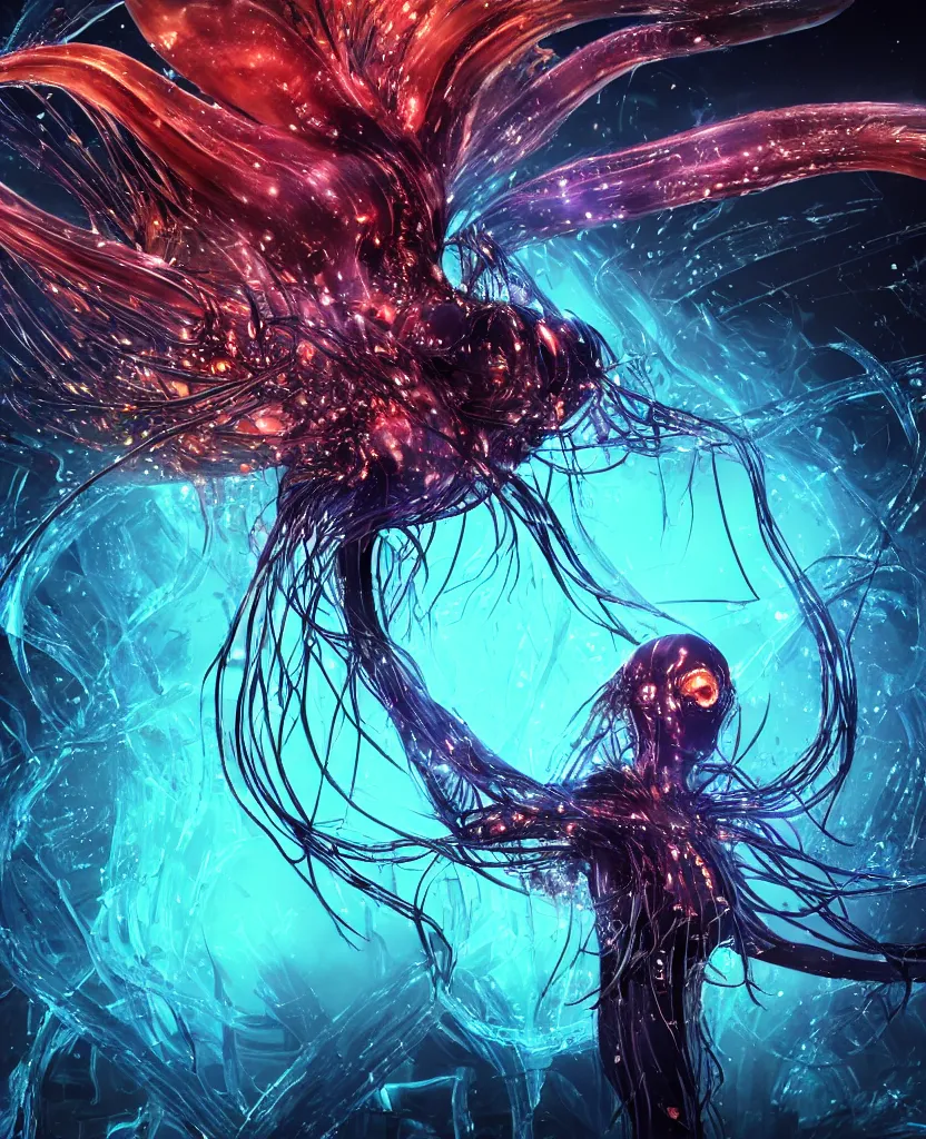 Prompt: close-up macro portrait of the dark queen, epic angle, epic pose, symmetrical artwork, 3d with depth of field, blurred background. cybernetic jellyfish phoenix bird, translucent, nautilus. energy flows of water and fire. a highly detailed epic cinematic concept art CG render. made in Maya, Blender and Photoshop, octane render, excellent composition, cinematic dystopian brutalist atmosphere, dynamic dramatic cinematic lighting, aesthetic, very inspirational, arthouse. y Greg Rutkowski, Ilya Kuvshinov, WLOP, Stanley Artgerm Lau, Ruan Jia and Fenghua Zhong