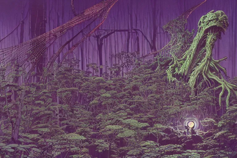 Prompt: lots of glass details, a lot of exotic vegetation, trees, flowers, dull colors, gigantic massive huge tremendous akira tetsuo monster, extreme close - up staying in the foggy huge dark night forest covered with web and cotton and a lot of glow - worms, by moebius, intricate detailed, risograph