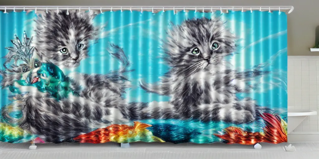 Prompt: a main coon kitten little mermaid shower curtain, product photography. 4 k, highly detailed.