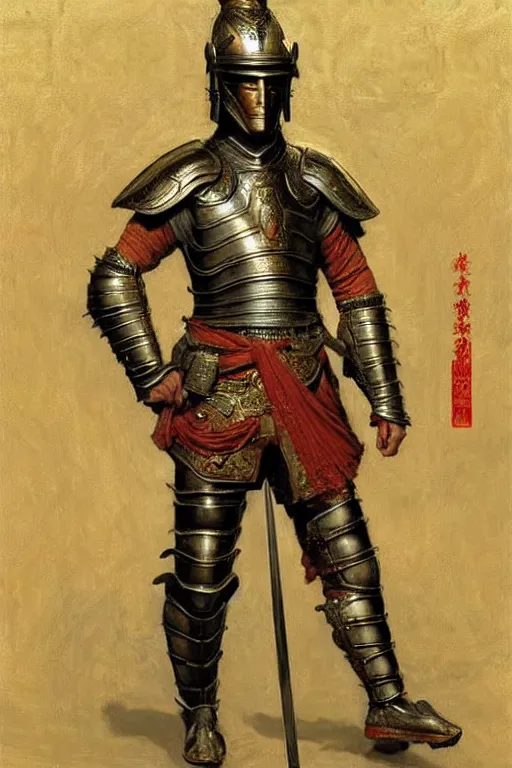 Prompt: male wearing armor, ancient tang dynasty, painting by gaston bussiere, craig mullins, j. c. leyendecker, tom of finland