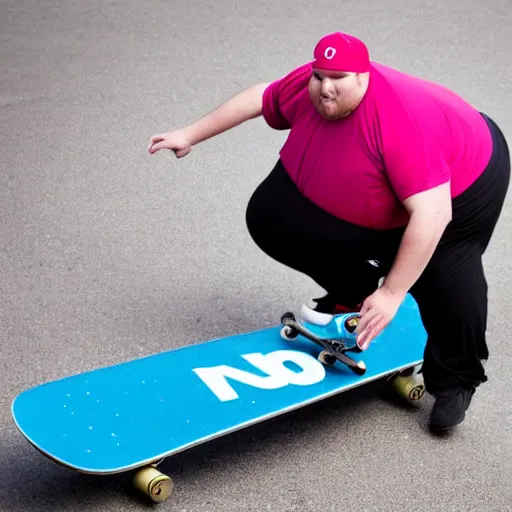 Image similar to very obese man with a t-shirt and blue cap with the letter P, skateboarding