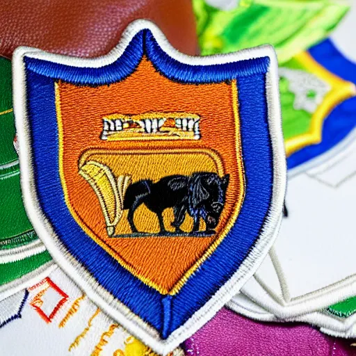 Image similar to closeup photo of a colorful embroidered patch of the coat - of - arms of the house of watanka from hogwarts which has the theme of a buffalo. the patch is sewn onto a leather school - bag.