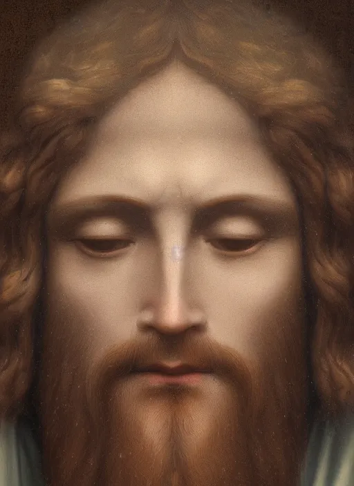 Image similar to jesus christ face, depiction of jesus, holy cross, 8 k, boticelli, an amazing portrait of jesus, leonardo da vinci, mattepainting, cryengine, artstation, heaven color scheme, holy lights