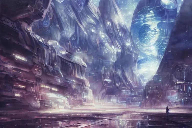 Image similar to a vast planetary sci-fi city by Yoshitaka Amano, watercolor illustration, artstation, dramatic scenery, masterpiece, aesthetic
