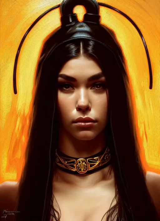 Prompt: portrait of madison beer as a sultry domina, collar and leash, leather, greek, intricate, headshot, madison beer face, highly detailed, digital painting, artstation, concept art, sharp focus, cinematic lighting, illustration, art by artgerm and greg rutkowski, alphonse mucha, cgsociety