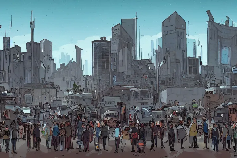 Prompt: Post-apocalyptic city scene with a blue sky and a crowd of people