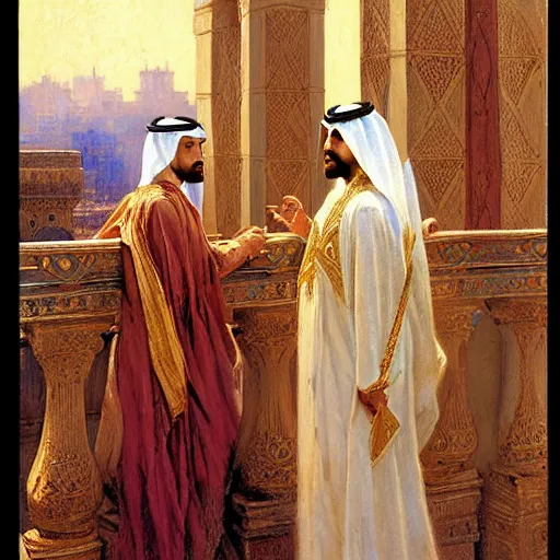 Image similar to attractive arab king confesses his love for his attractive male prince, in a balcony the palace, above river. highly detailed painting by gaston bussiere, craig mullins, j. c. leyendecker