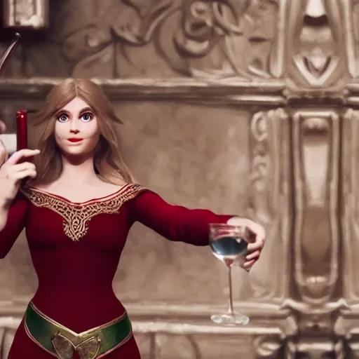 Image similar to elf drinking wine woman fantasy dramatic cinematic movie cgi