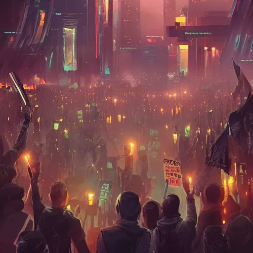 Image similar to protesters holding placards, detailed digital illustration by greg rutkowski, cyberpunk, android netrunner