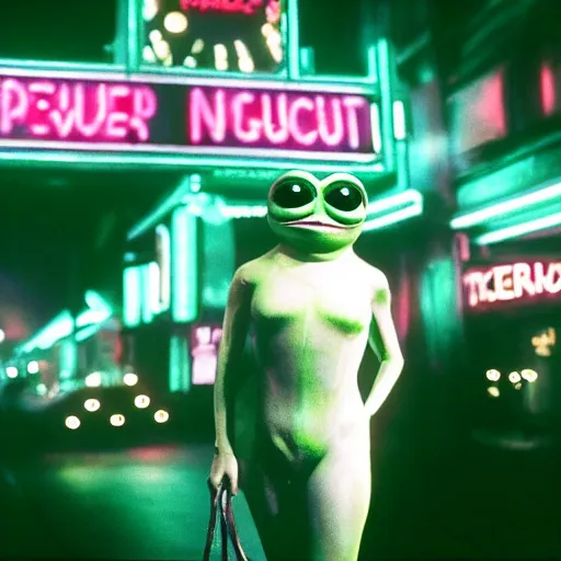 Image similar to cinematic portrait of pepe the frog as a replicant in a busy nightclub, frightened and angry, still from the movie bladerunner, fashion photography, a neon sign is in the background