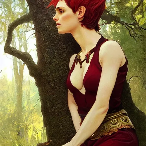 Image similar to portrait of statuesque elf resting on a tree, short hair, red and gold clothes, expressive face, sharp focus, intricate, smooth, ultra realistic digital art, d & d, high fantasy, pointed ears, elegant, by artgerm, greg rutkowski, alphonse mucha