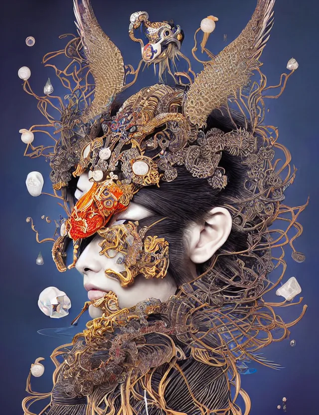 Image similar to goddess portrait with mask and crown made of ram skull. beautiful intricately detailed japanese crow kitsune mask and clasical japanese kimono. betta fish, jellyfish phoenix, bioluminescent, plasma, ice, water, wind, creature, super intricate ornaments artwork by tooth wu and wlop and beeple and greg rutkowski