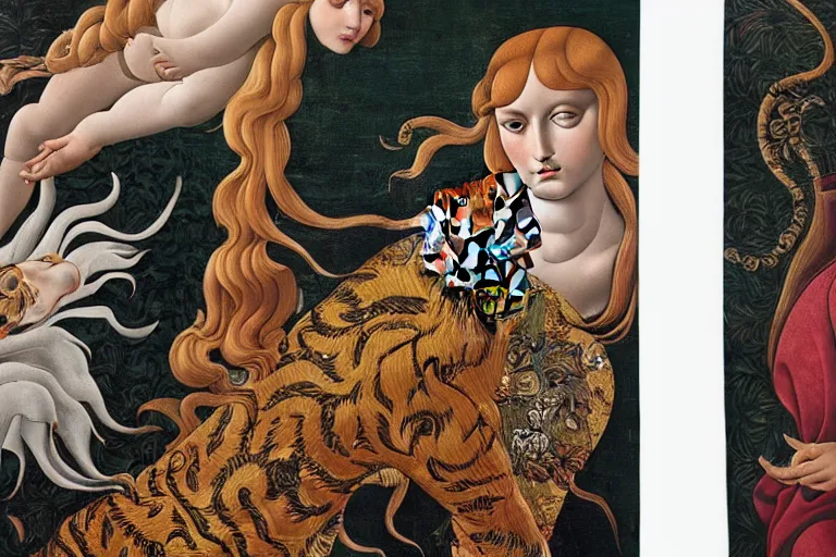 Image similar to birth of venus gucci versace tiger print intricate modern textiles cloak tunic streetwear cyberpunk sandro botticelli