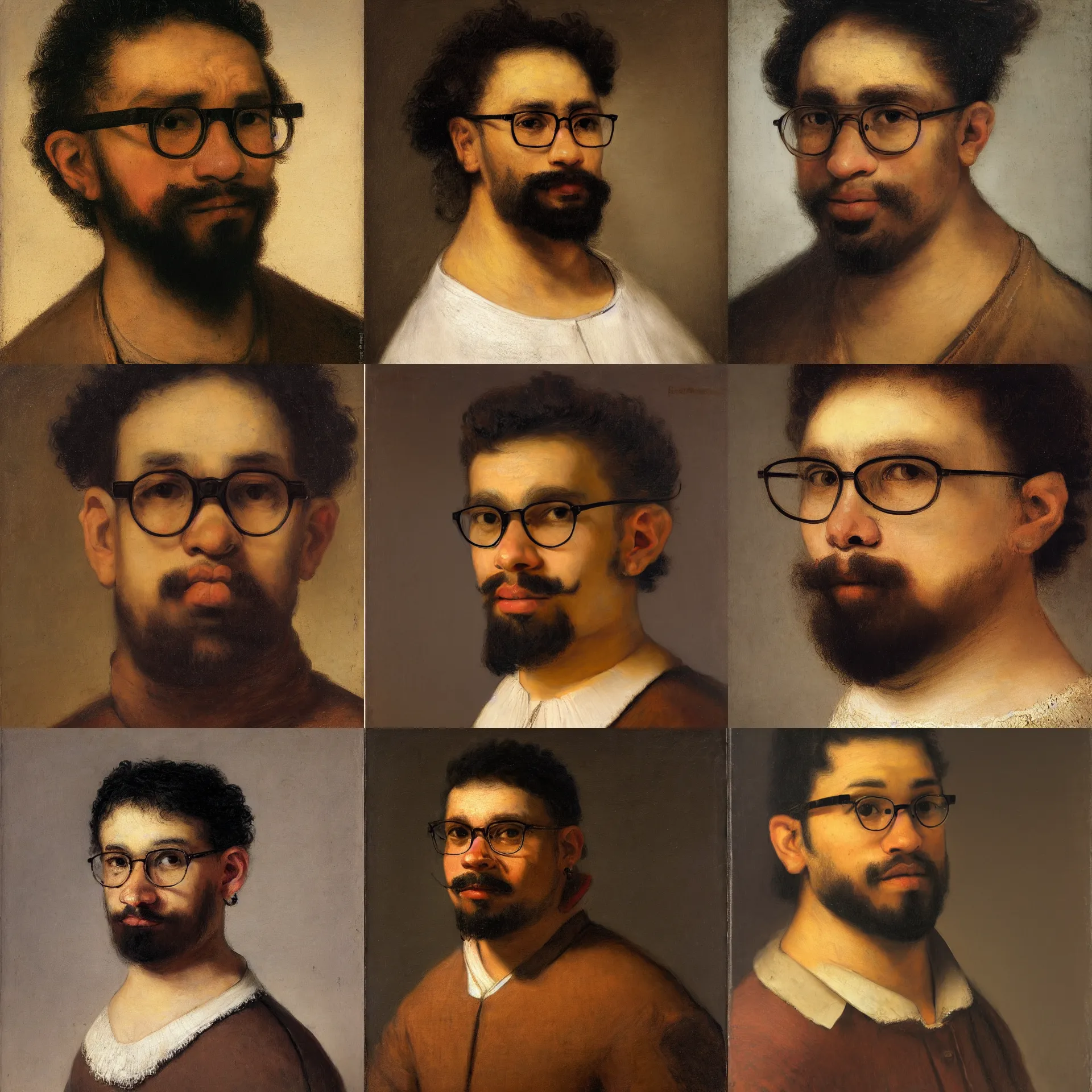 Prompt: front view portrait of a latino young man, brown skin, wavy short hair, goatee, wearing glasses, painted by rembrandt