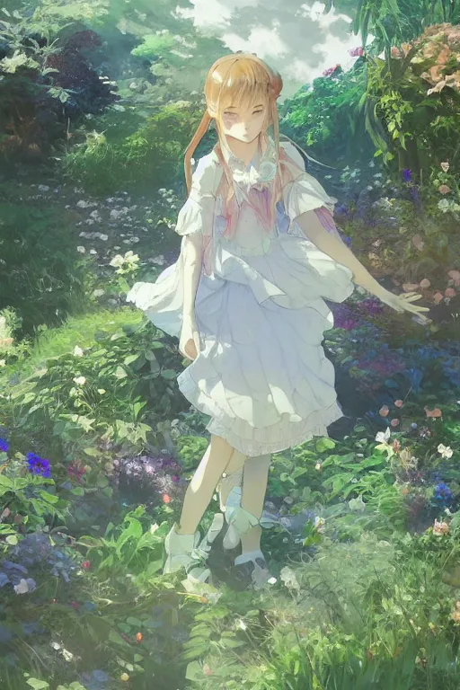 Image similar to a depressed digital art, loli in dress, garden, green and warm theme, blue accents, back lighting, highly detailed, 4 k resolution, trending on art station, by krenz cushart and mucha and akihito yoshida and greg rutkowski and makoto shinkai