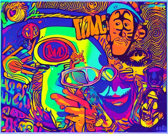 Image similar to mac miller, lsd trip, art style by john keebs lee, pittsburgh, blue slide park, good vibes, peace, love, 4 2 0, don't trip, swimming in circles, highly detailed