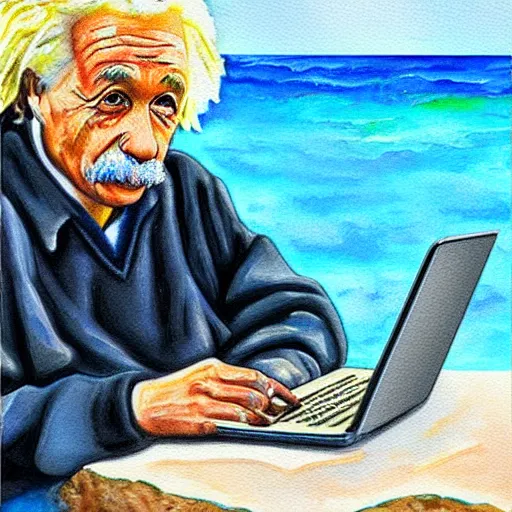 Image similar to Einstein working on beach with MacBook in AirPods, detailed, high res, watercolors on canvas