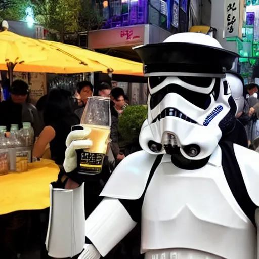 Prompt: storm trooper drinking soju at a street vendor in seoul