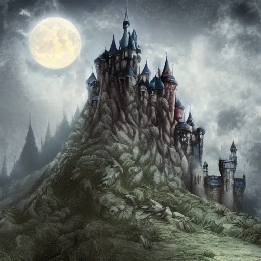 Image similar to Draculas Castle, Moon, Clouds, bats, Mountainside, Night, Artstation, Award Winning masterpiece, very detailed