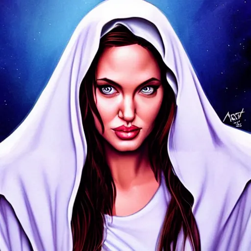 Image similar to young angelina jolie as virgin mary, marvel comics by artgerm,