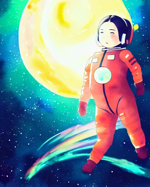 Image similar to oriental water color of a cute thicc female astronaut, floating through space, backlit, realistic anime, trending on pixiv