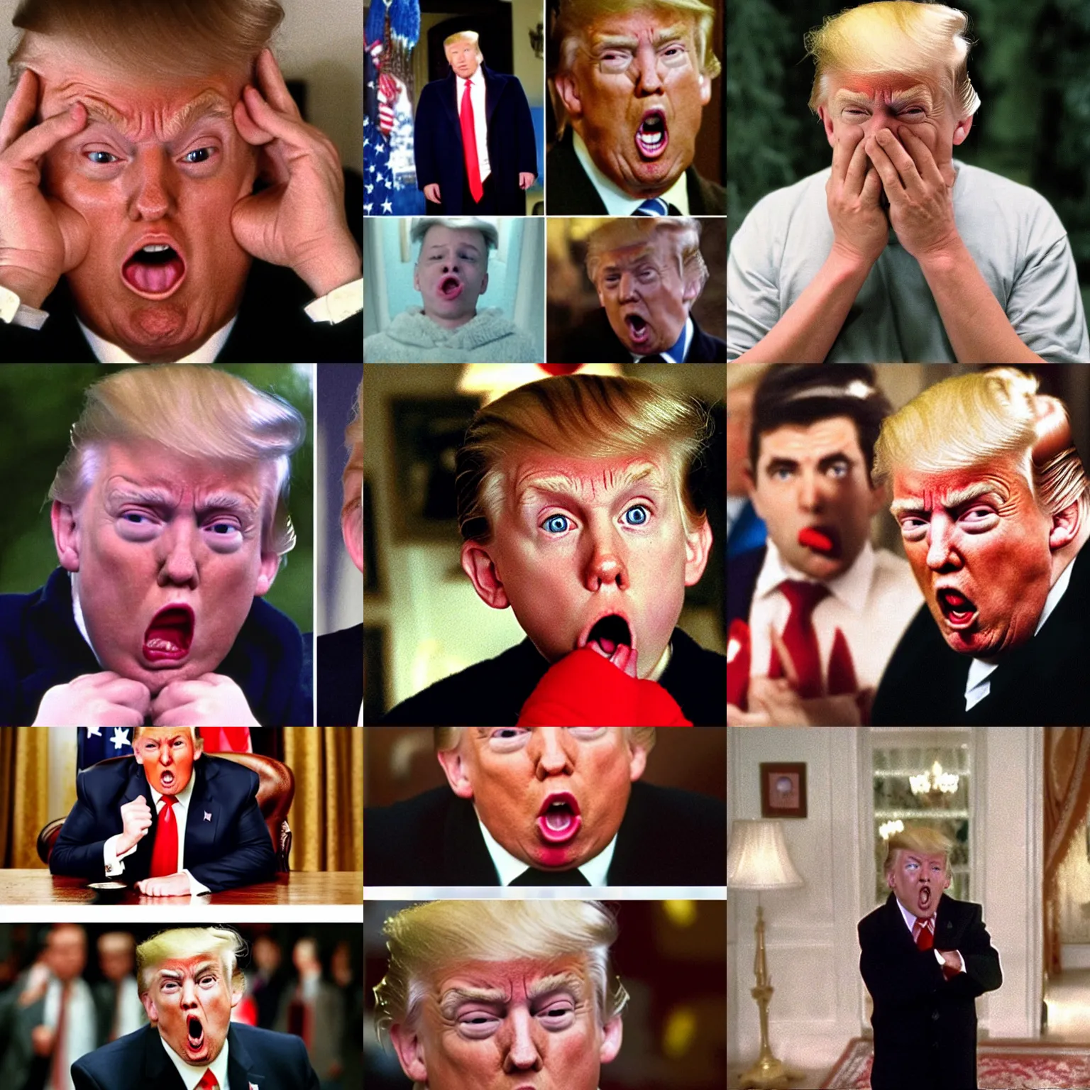 Prompt: trump with his mouth agape and his eyebrows raised and his hands on his cheeks like he's in shock. Suprised and scared expression. Kevin McAllister home alone pose