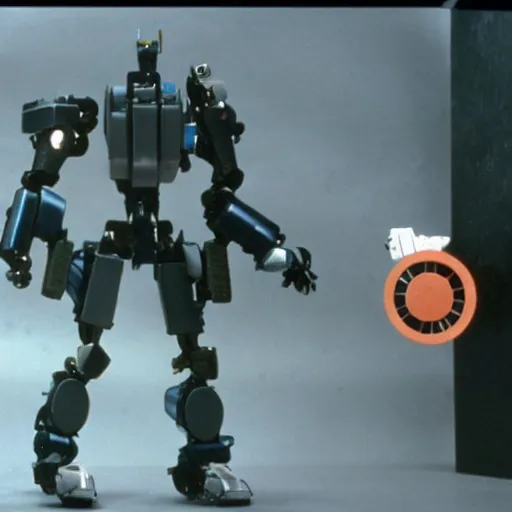 Image similar to metal gear mech, 1 9 8 7, stop - motion, movie still