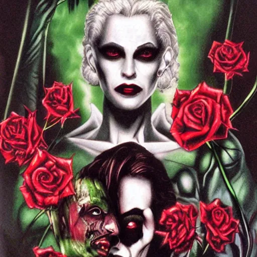 Prompt: 1990's movie poster for Vampire: the Masquerade, gothic horror, rose motif on bottom, stunning perfect face, background green marble, highly detailed by Drew Struzan