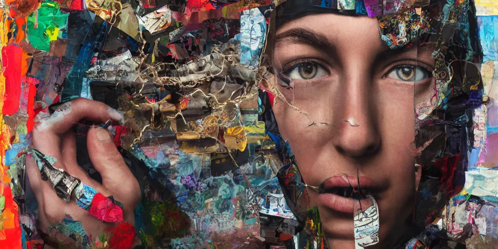 Prompt: a big chain and balaclava, collage paper and tape, acrylic on canvas, hyperrealism mixed with expressionism, high resolution, cinematic, unreal 6 breathtaking detailed, by blake neubert