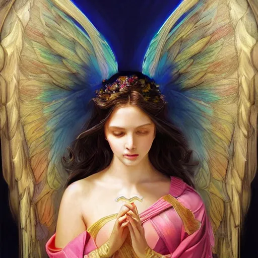 Prompt: Portrait of beautiful young female archangel girl maiden angel wearing flowing robes, long cyan hair, luminescent blue eyes, vivid colors, colorful, photorealistic, high dynamic range, HDR, intricate, elegant, highly detailed, digital painting, artstation, concept art, smooth, sharp focus, illustration, art by artgerm and greg rutkowski and alphonse mucha and andrei riabovitchev