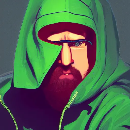 Prompt: portrait of a lost chad programmer with green hood by james gilleard, dramatic lighting, close up