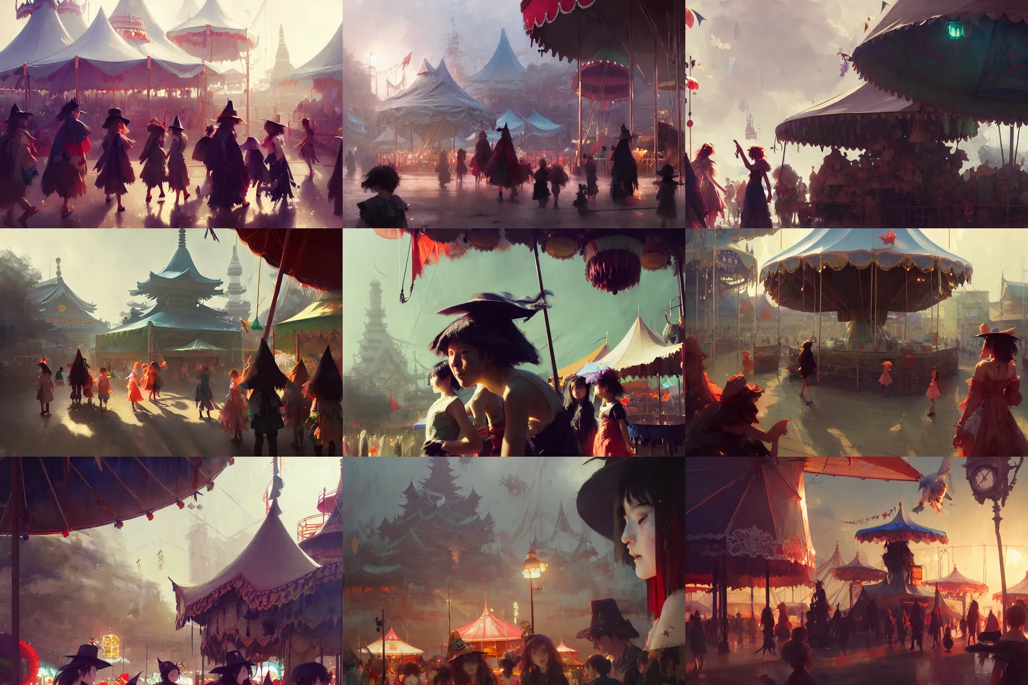 Image similar to close - up of young witches exploring small town carnival amusement, food stalls, big top circus tent, highly detailed, magical, japan, digital painting, concept art, matte, art by ruan jia and wlop and greg rutkowski and makoto shinkai, masterpiece