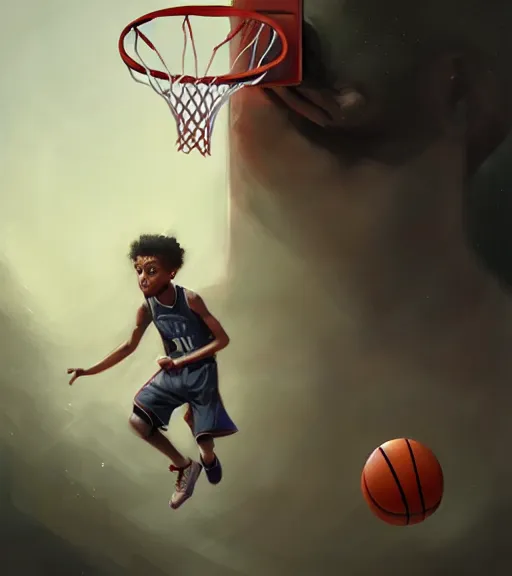 Image similar to portrait of a boy playing basketball in a basketball court, intense emotion, intricate, elegant, highly detailed, centered, digital painting, artstation, concept art, smooth, sharp focus, illustration, by Peter Mohrbacher, WLOP