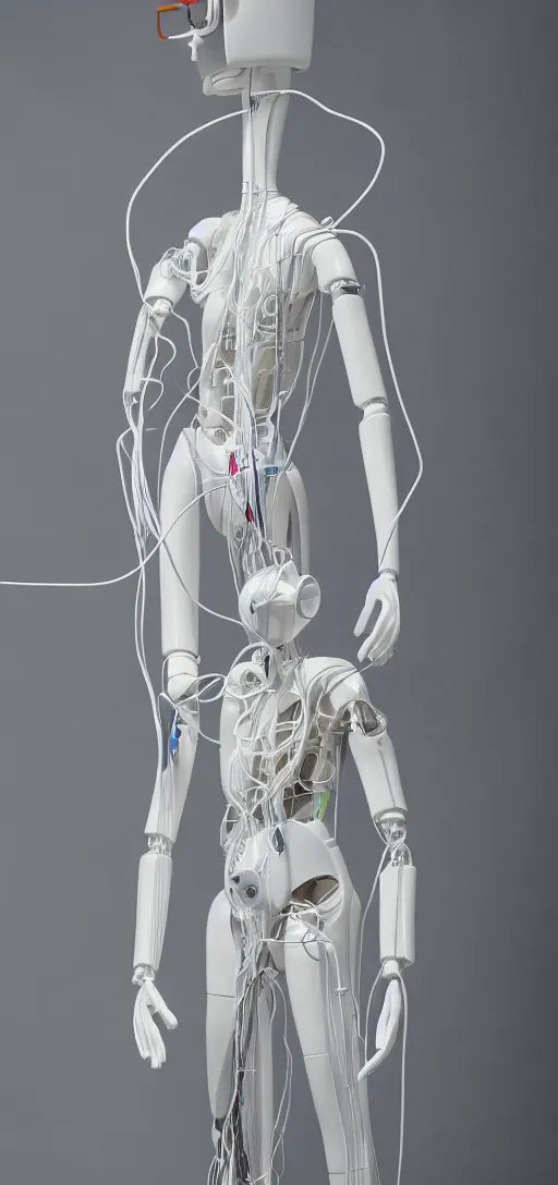 Image similar to a white futuristic mannequin with wires and pipes extending from its body