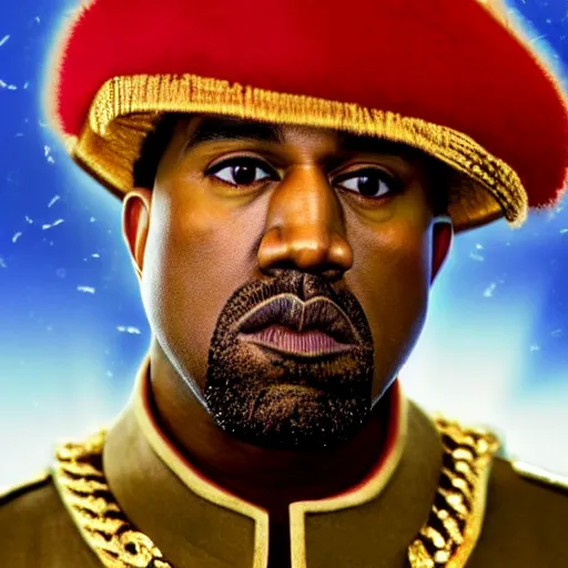 Image similar to kanye west as muammar kadhafi as emperor napoleon in fallout, splash art, movie still, detailed face, cinematic lighting, dramatic, octane render, long lens, shallow depth of field, bokeh, anamorphic lens flare, 8 k, hyper detailed, 3 5 mm film grain