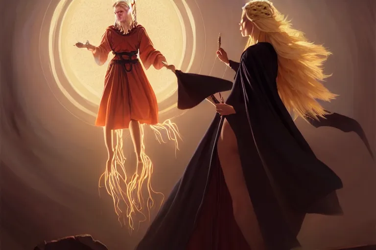 Prompt: mage conjuring a pizza, blonde braided hair mage wearing gothic robe, dark mountain, movie action still frame, wide horizon, intricate, elegant, highly detailed, hyper realistic, digital painting, concept art, smooth, sharp, focus, illustration, art by artgerm, greg rutkowski, ilya kuvshinov, alphonse mucha