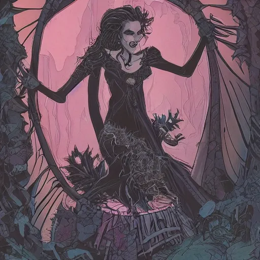 Image similar to Jennifer Connelly as dark fae gothic atompunk evil Disney villain queen with black feather hair, feathers growing out of skin, shedding feathers, in front of space station window, Mike mignola, trending on artstation, comic book cover, illustration