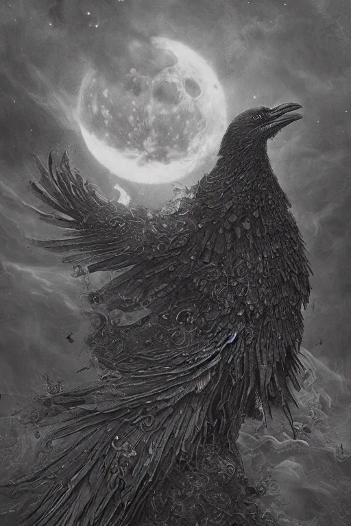 Prompt: Intricate stunning highly detailed surreal raven by agostino arrivabene and Seb McKinnon, sculpture, ultra realistic, Horror vacui, full moon, thick swirling smoke tornado, fire embers, trending on artstation