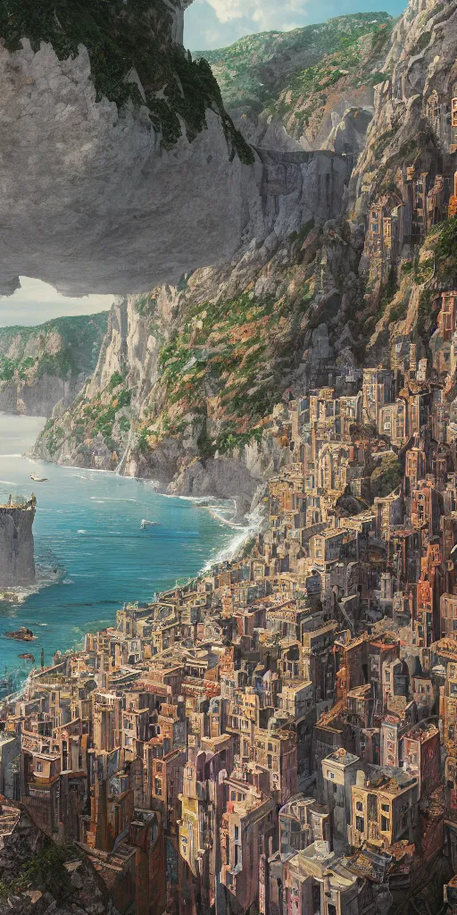 Prompt: a painting of a city built into the side of a cliff, a detailed matte painting by chris labrooy and wes anderson, cgsociety, fantastic realism, matte painting, terragen, artstation hq