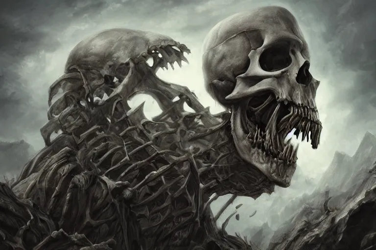 Prompt: giant skeletal ghoul devouring a mountain of skulls, digital painting, mixed media, trending on artstation and deviantart, epic composition, highly detailed, 8 k