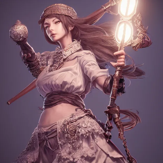 Image similar to studio portrait of neutral good female cleric bard as absurdly beautiful, gorgeous, elegant, sophisticated gravure idol, an ultrafine hyperdetailed illustration by kim jung gi, irakli nadar, intricate linework, sharp focus, bright colors, octopath traveler, final fantasy, unreal engine 5 highly rendered, global illumination, radiant light, detailed and intricate environment