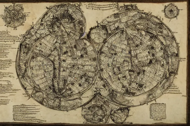 Prompt: intricate detailed ancient map of the regions of hell and the dimensions of the damned, technical cartography with annotations and notes in the margins