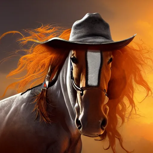 Image similar to cyborg horse with cowboy hat and fiery mane, post-apocalyptic background, portrait