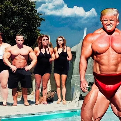 Image similar to extremely buff Donald Trump, steroids, testosterone, lifting weights, laughing, surrounded by women in swimsuits
