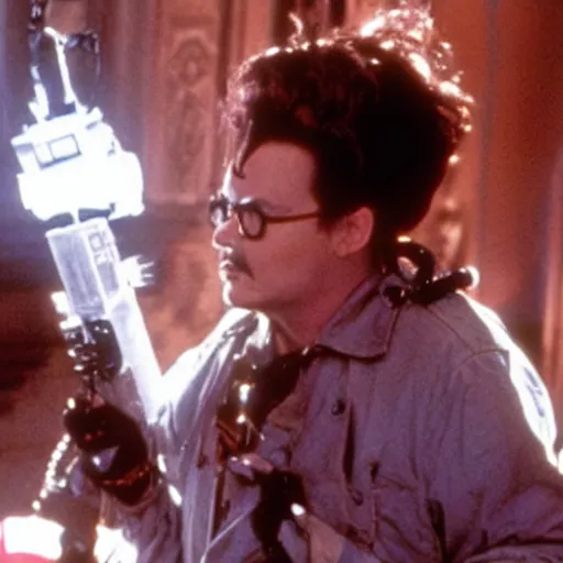Prompt: Johnny Depp as a Ghostbuster in the movie Ghostbusters