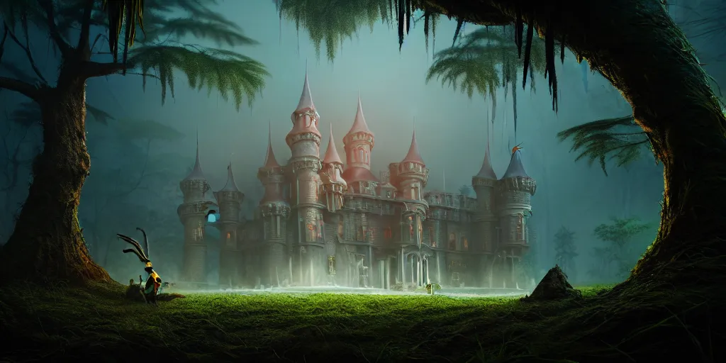 Prompt: of a beautiful Hyperrealistic tall royal castle in the middle of a dark scary smokey jungle, creepy animals scattered around, macro lens, shallow depth of field, highly detailed, digital painting, trending artstation, concept art, illustration, cinematic lighting, vibrant colors, photorealism, epic, octane render