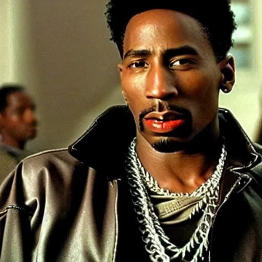 Prompt: a film still from new jack city. tupac shakur as nino brown